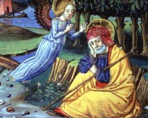ALI142914 Fol.37v An angel tells Joseph that Mary is with child (vellum) by Italian School, (15th century) vellum Biblioteca Reale, Turin, Italy Alinari Italian, out of copyright